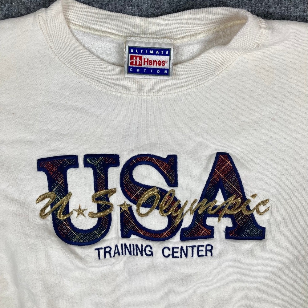Hanes USA Olympic Sweatshirt Mens‎ L White Crewneck Vintage 90s Pullover